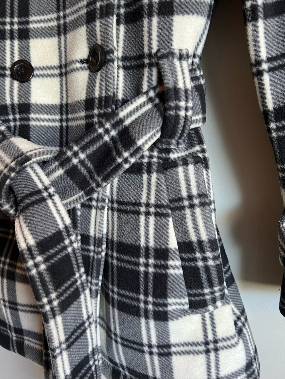 Lady Hathaway Plaid Coat Large Black White Belted Double Breasted Peacoat - Picture 4 of 9